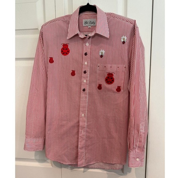 Vintage Get Lucky Ladybug Striped Preppy Cottagecore Button Up Shirt - Picture 3 of 9